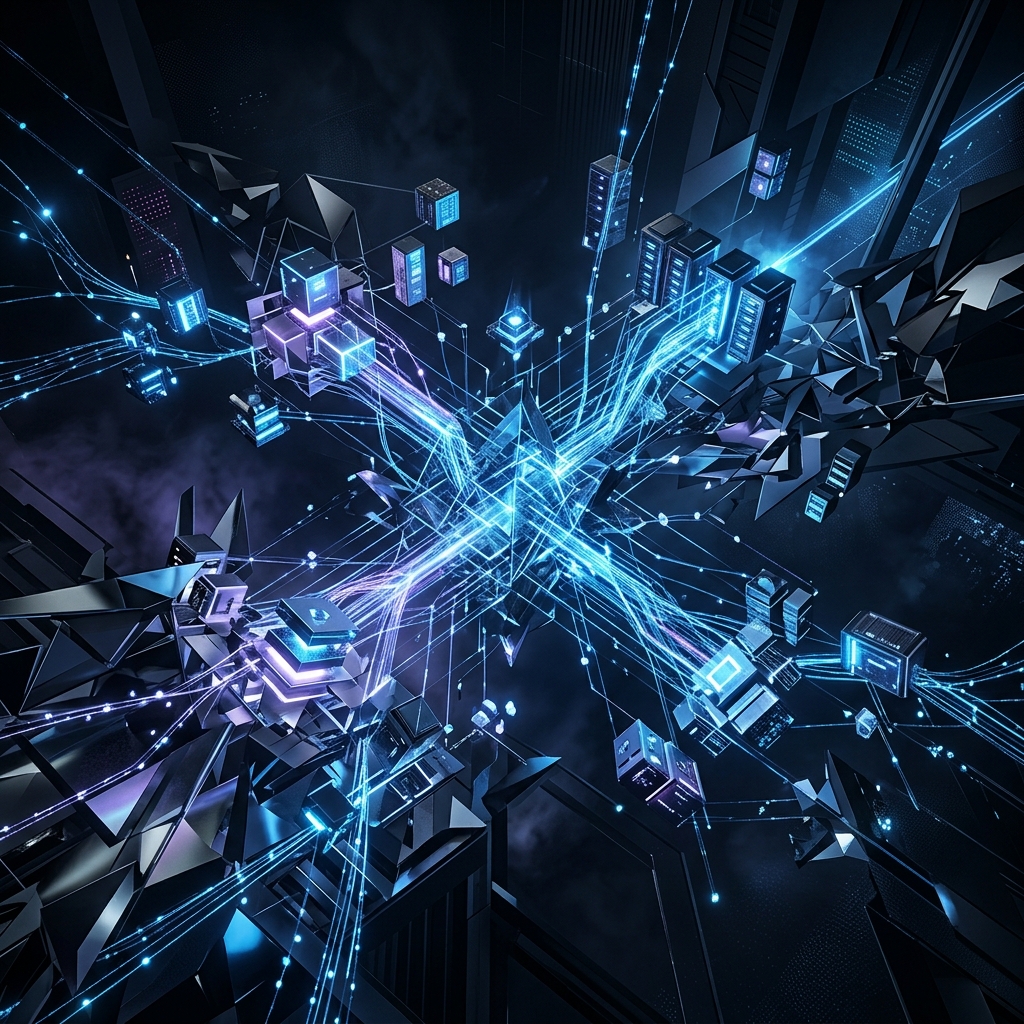 Illustration d'un centre de pilotage digital premium reliant dashboards, signaux de croissance et infrastructure opérationnelle.