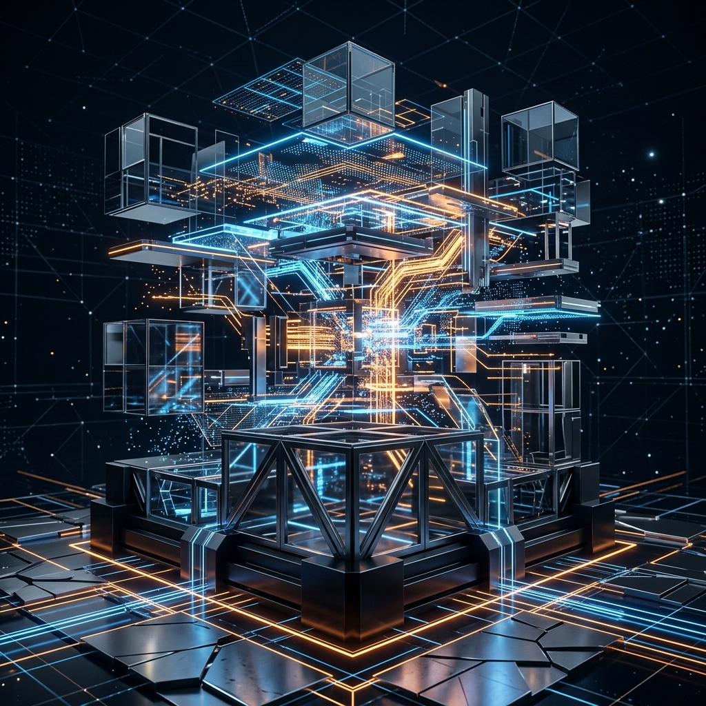Illustration abstraite d'une architecture digitale modulaire en construction avec couches, flux et fondations techniques.