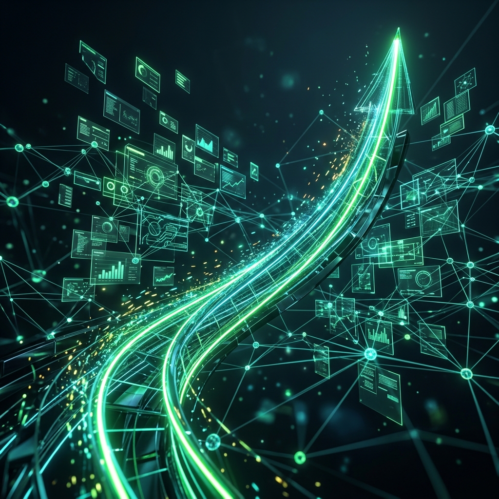 Illustration d'une croissance digitale maîtrisée avec courbe ascendante, cartes analytiques et pilotage data.
