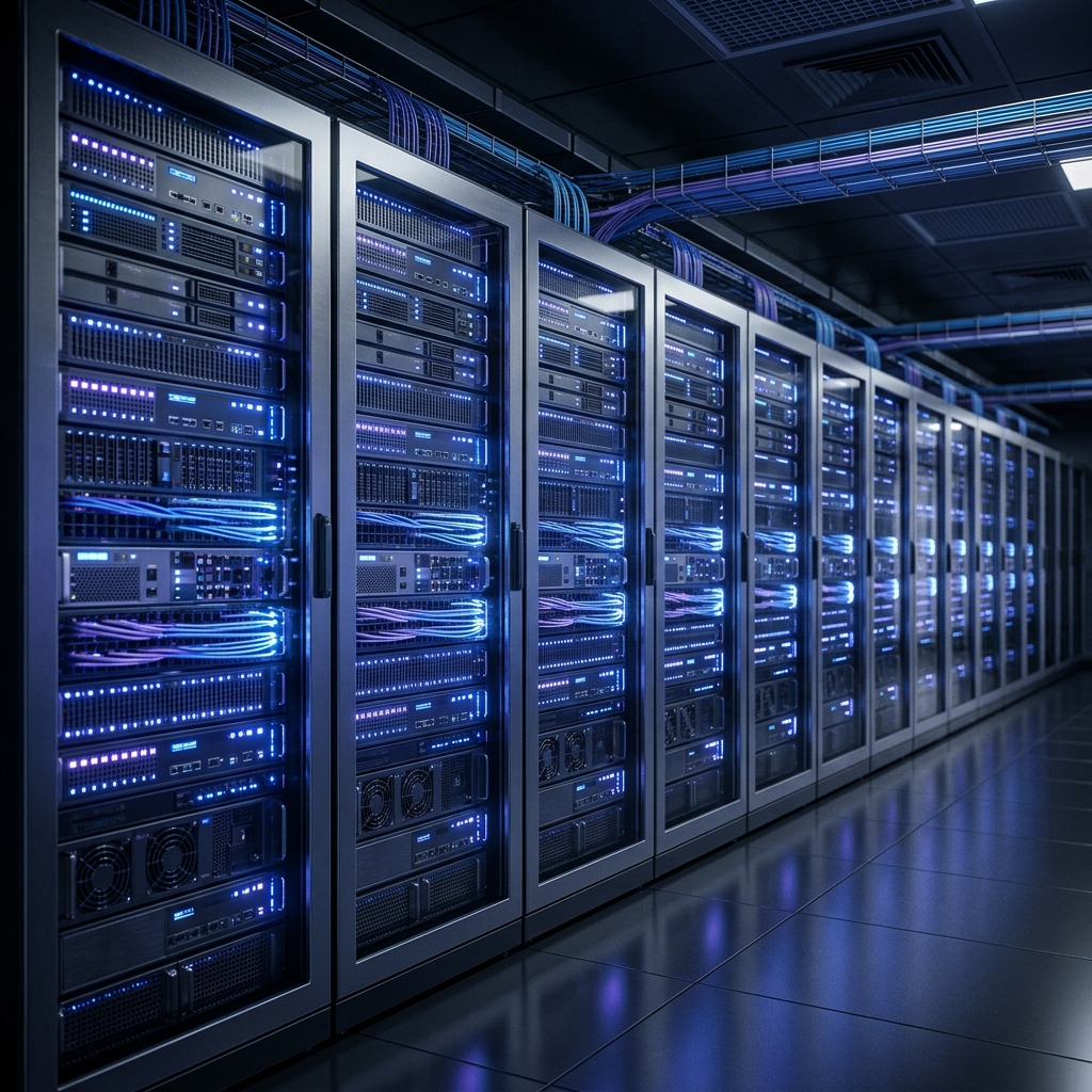 Illustration d'une infrastructure digitale stable avec racks serveur ordonnés, monitoring et continuité opérationnelle.